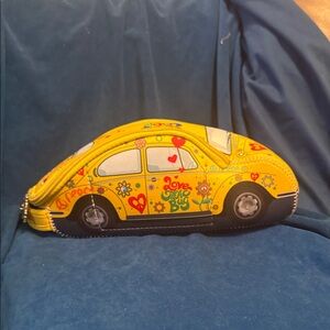 Yellow Car-Shaped zip around Pouch with metal punch buggy tabs